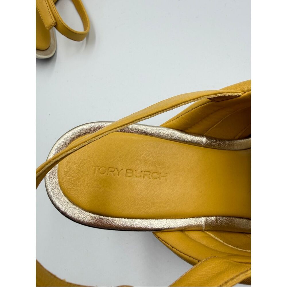 Tory Burch Yellow Metallic Puffy Leather Wedge Sandal Slingback Open Toe Size 9M - Picture 10 of 12